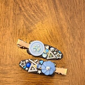 Blue Floral & Button Hair Clips - Pack of 2